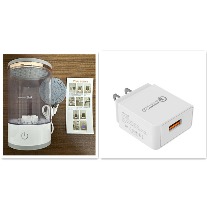 White and grey electric makeup brush cleaner with a clear cylinder, power button, USB cord, and charging adapter.