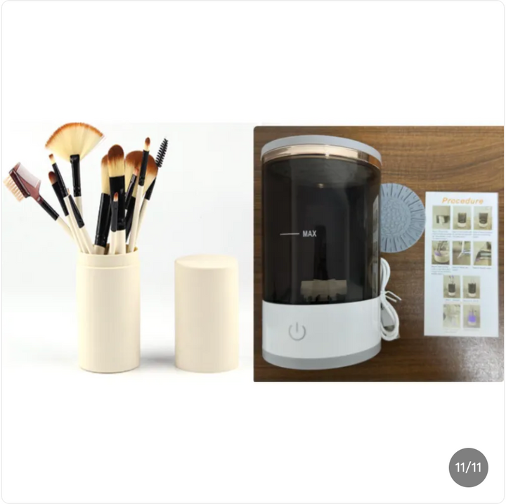 A white and dark gray electric makeup brush cleaner with a power button, next to brushes and instructions.