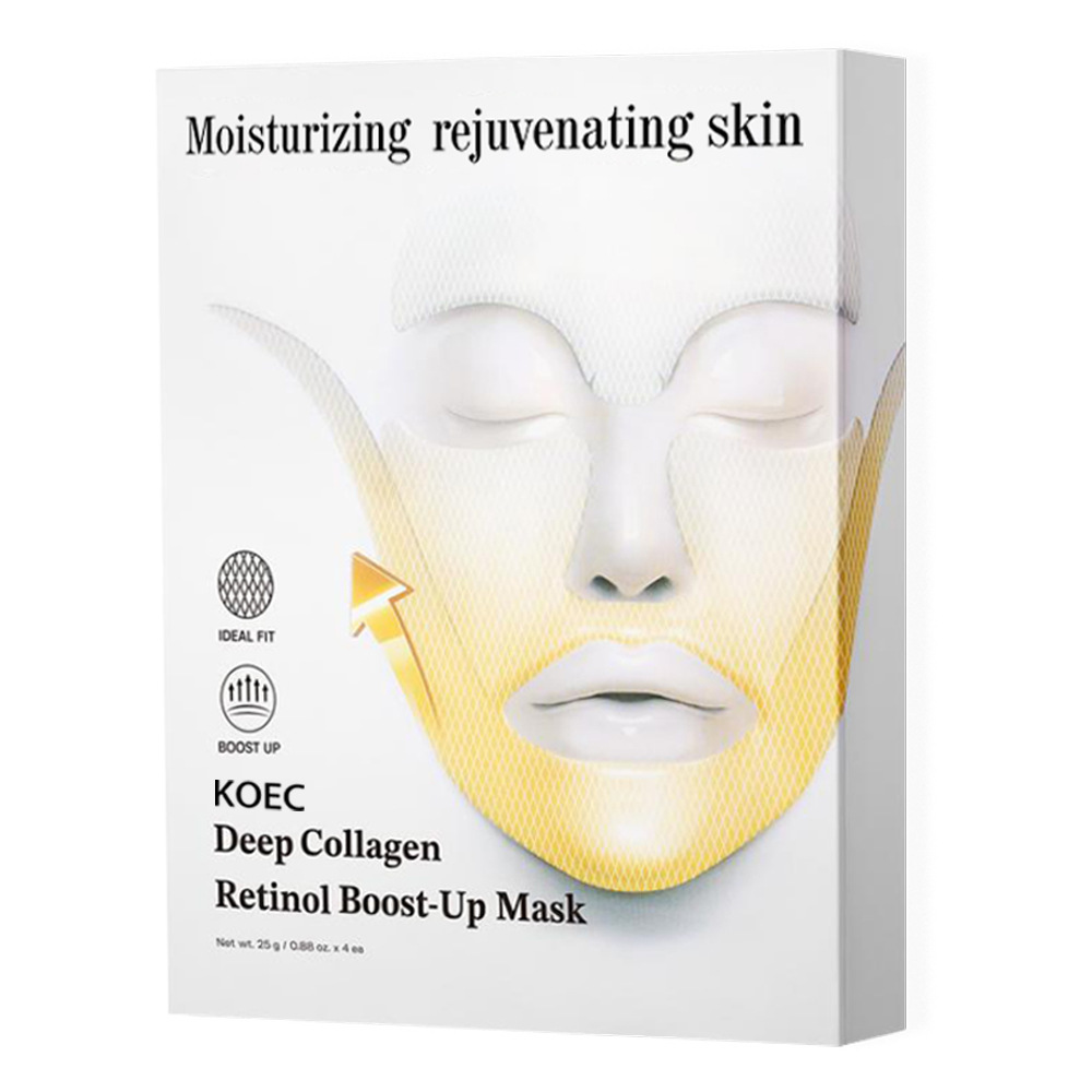 White KOEC Deep Collagen Retinol Boost-Up Mask box with a gold lifting face mask graphic.