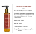 A red-brown 100ml Magic Body Oil bottle with a black pump, gold collar, and ornate trim.