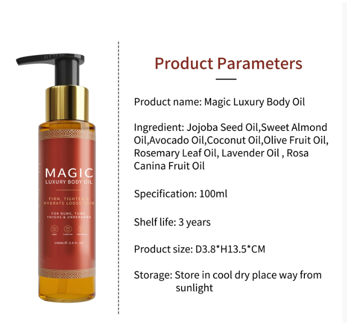 A red-brown 100ml Magic Body Oil bottle with a black pump, gold collar, and ornate trim.