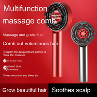 Two red and silver comb scalp massagers with bristle-filled circular heads on a red background.