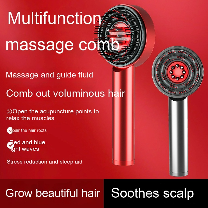 Two red and silver comb scalp massagers with bristle-filled circular heads on a red background.