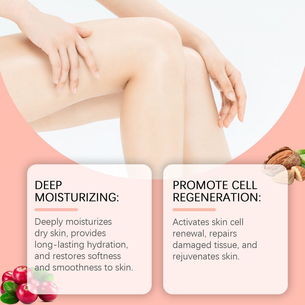 Smooth legs against a pink background with two text boxes detailing moisturizing and skin regeneration benefits.