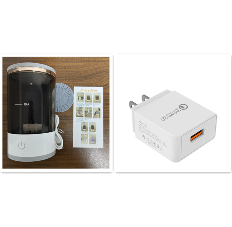 A white and gray electric makeup brush cleaner with instructions and a charging adapter.