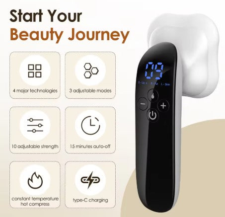 Black and white SleekTone Beauty Sculptor device with a digital display and feature icons beside it.