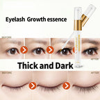 AuQuest clear eyelash serum tube with gold accents, alongside before-and-after lash progress photos.