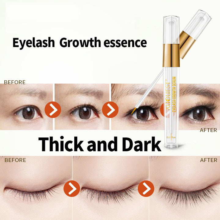 AuQuest clear eyelash serum tube with gold accents, alongside before-and-after lash progress photos.