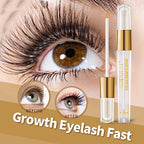 AuQuest clear eyelash serum tube with gold accents beside long, voluminous eyelashes and before-and-after insets.