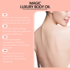 Pink promotional graphic for Magic Luxury Body Oil featuring product benefits and a smooth-skinned model's back.