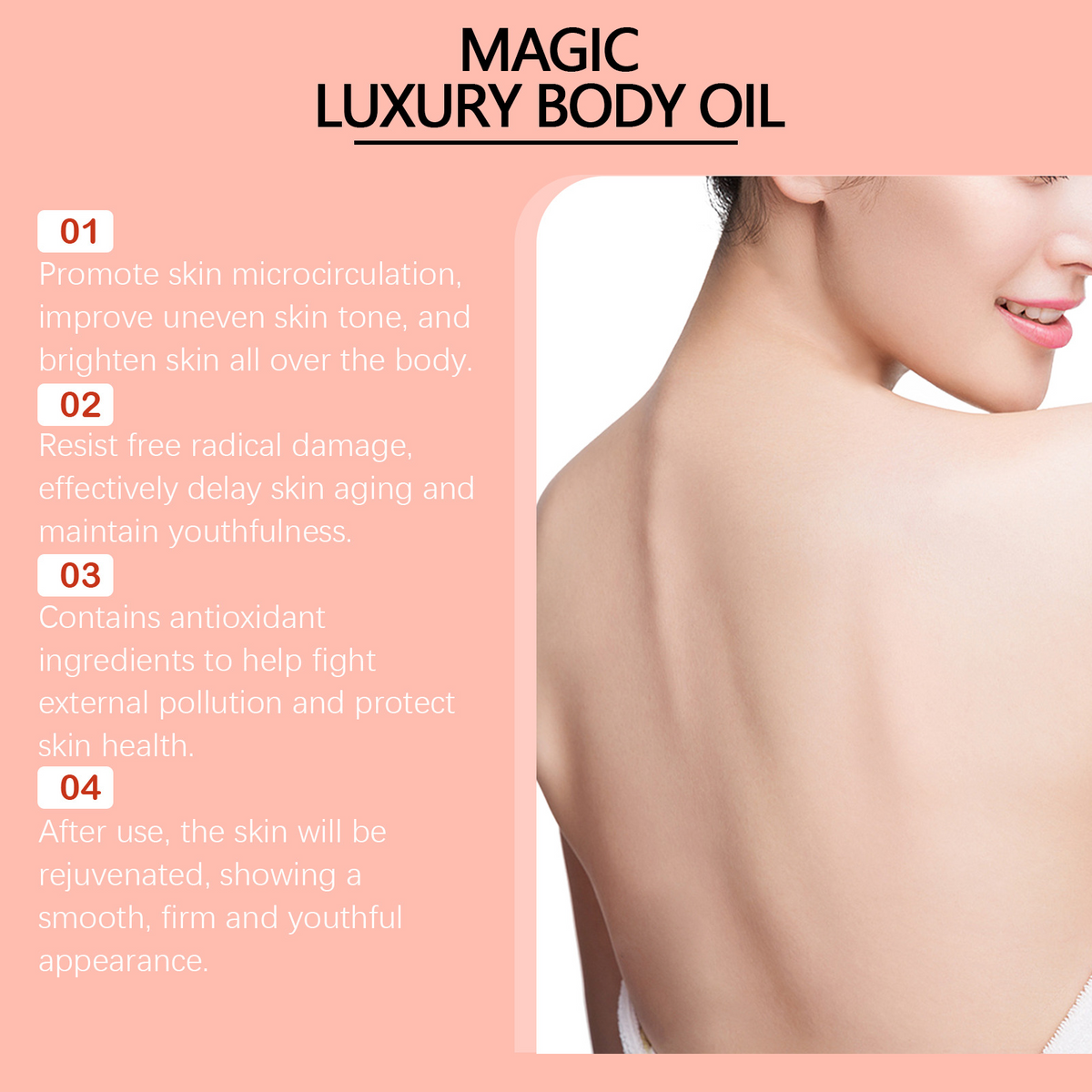 Pink promotional graphic for Magic Luxury Body Oil featuring product benefits and a smooth-skinned model's back.