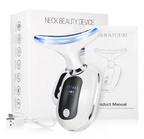 White ergonomic neck rejuvenating device with a curved blue-lit head, box, manual, and USB charging cable.