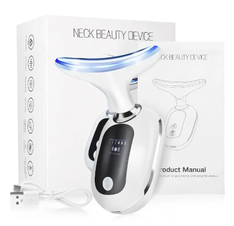 White ergonomic neck rejuvenating device with a curved blue-lit head, box, manual, and USB charging cable.