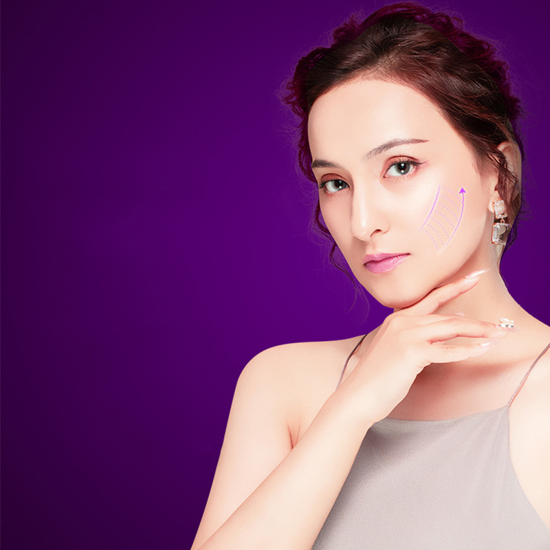 A woman gently touching her cheek, with a purple arrow indicating upward lifting motion.