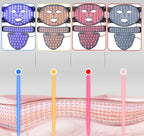 Four Luminous LED Therapy Face Masks with matching neck panels glowing in blue, yellow, red, and pink.