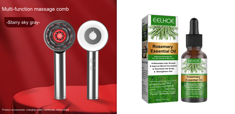 Starry gray scalp massager with a circular head, control buttons, and a dropper bottle of rosemary oil in a box.