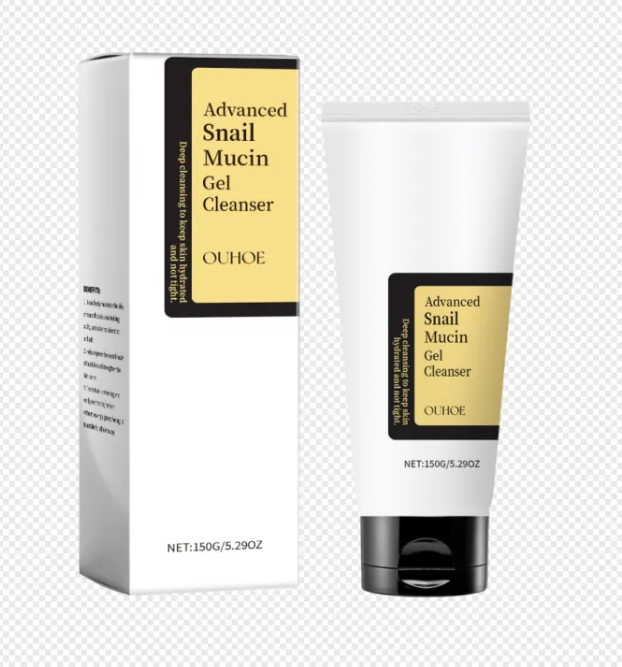 OUHOE Advanced Snail Mucin Gel Cleanser in a white tube and matching box with yellow and black labels.