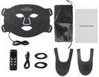 Black flexible LED therapy face mask with controller, charging cable, eye shields, straps, storage pouch, and manual.