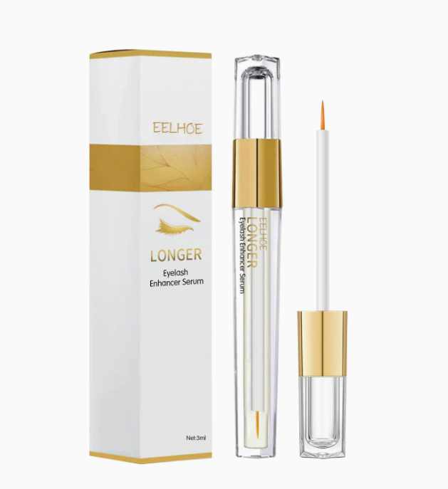 Eeelhoe eyelash serum in a white and gold box, next to a clear tube with a gold cap and fine brush applicator.