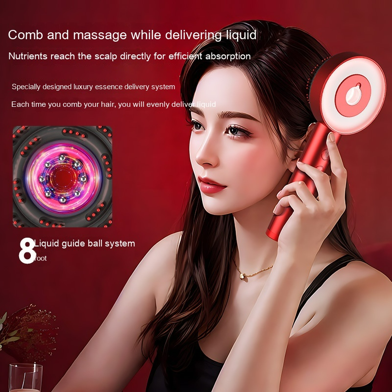 A red electric scalp massager comb with a glowing round light head being held by a woman.
