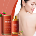 A red bottle and box of West Month luxury body oil featuring gold trim against a red and white background.