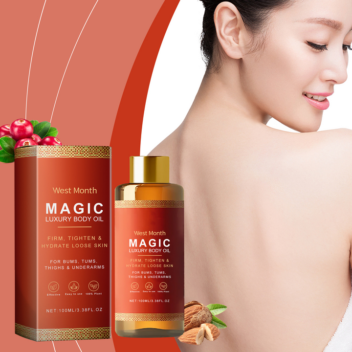 A red bottle and box of West Month luxury body oil featuring gold trim against a red and white background.