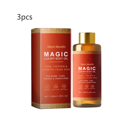 Red West Month Magic luxury body oil bottle and matching box with gold caps.