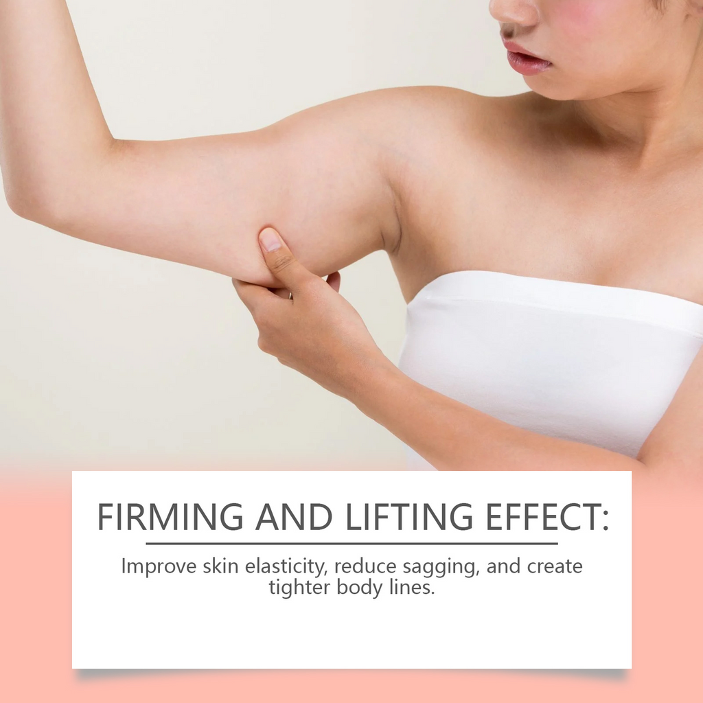 A woman pinches the skin on her upper arm above a text box that reads, "Firming and lifting effect."