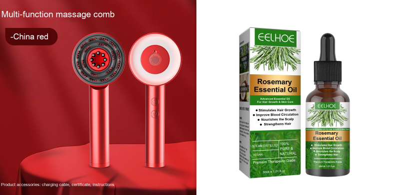 Red comb scalp massager with a matching box and rosemary essential oil bottle.