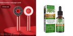 Red comb scalp massager with a matching box and rosemary essential oil bottle.