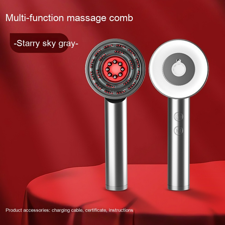Two views of a starry sky gray scalp massager with a circular head, metal handle, and two control buttons.