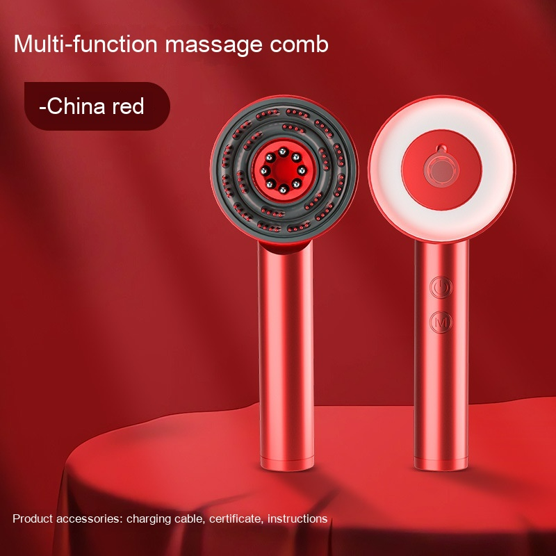 Two red China red scalp massager combs with circular heads and handle controls against a red backdrop.