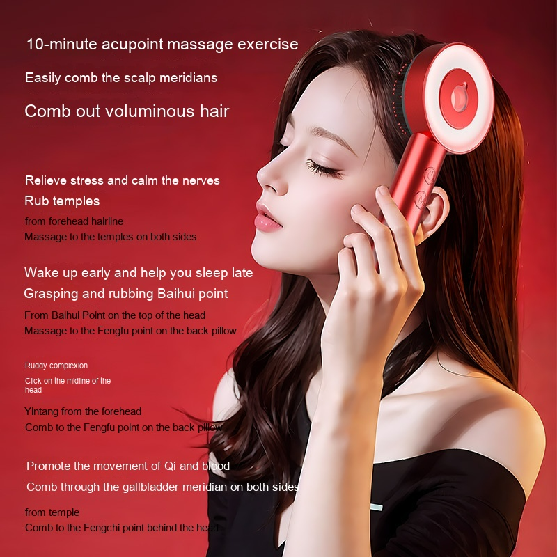 Red comb-style scalp massager with a glowing circular head being used on long brown hair.