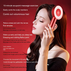 Red comb-style scalp massager with a glowing circular head being used on long brown hair.