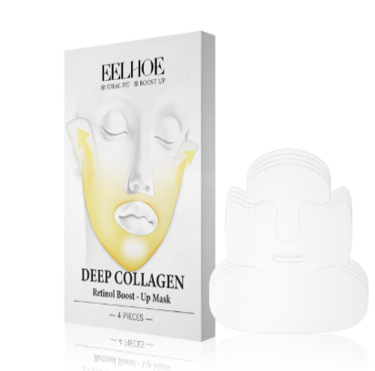 A white Eelhoe Deep Collagen Retinol Boost-Up Mask box with a face graphic alongside stacked white face masks.
