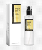 A pump bottle and white box of Advanced Snail 96 Mucin Power Essence with black and yellow labels.