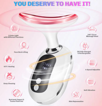 White and pink neck rejuvenator tool with a curved massage head, control buttons, and various feature icons.