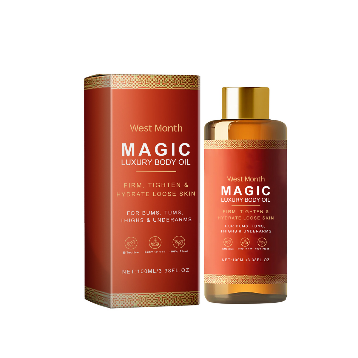 A red and gold West Month Magic body oil bottle and matching box with text.