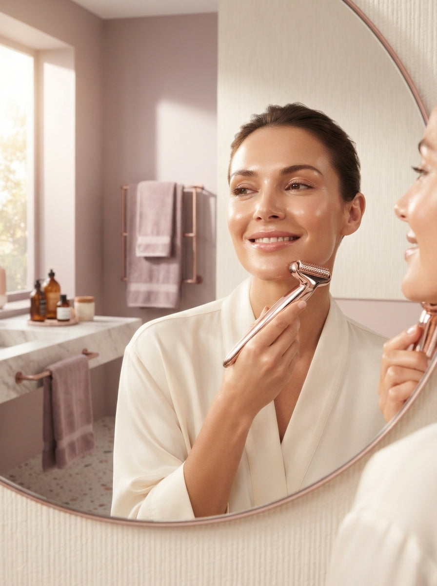 A woman using a premium facial massager on her jawline in a modern, elegant bathroom with soft mauve and cream decor.