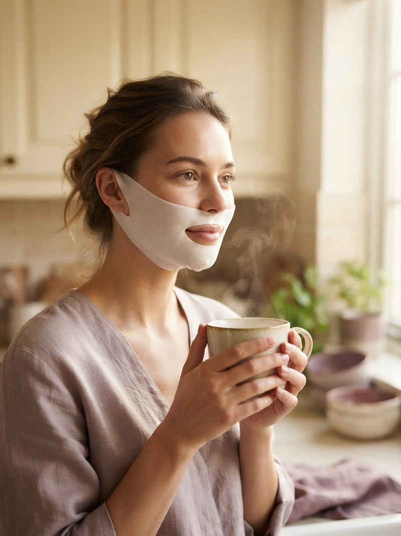 A woman wearing a collagen lifting face mask while holding a coffee mug in a sunlit kitchen.